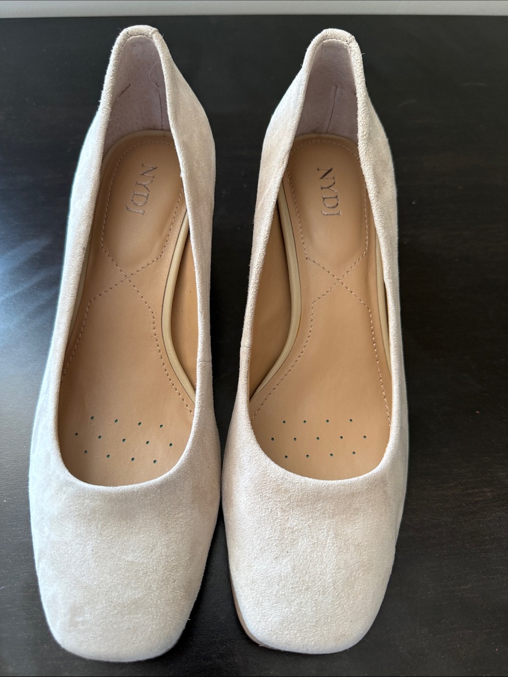 NYDJ Cream Suede Square-Toe Heels